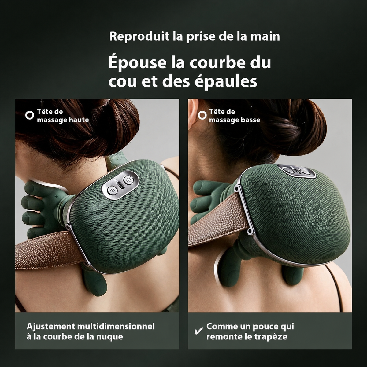 Les deux têtes de massage du SwissTouch, haute sur la nuque et basse sur le trapèze