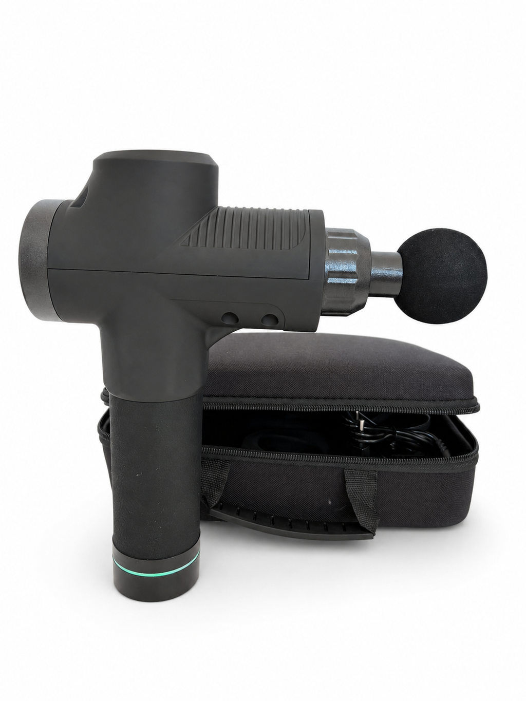 Pistolet de massage SwissTouch Elite vu de profil avec la tête ronde en mousse installée