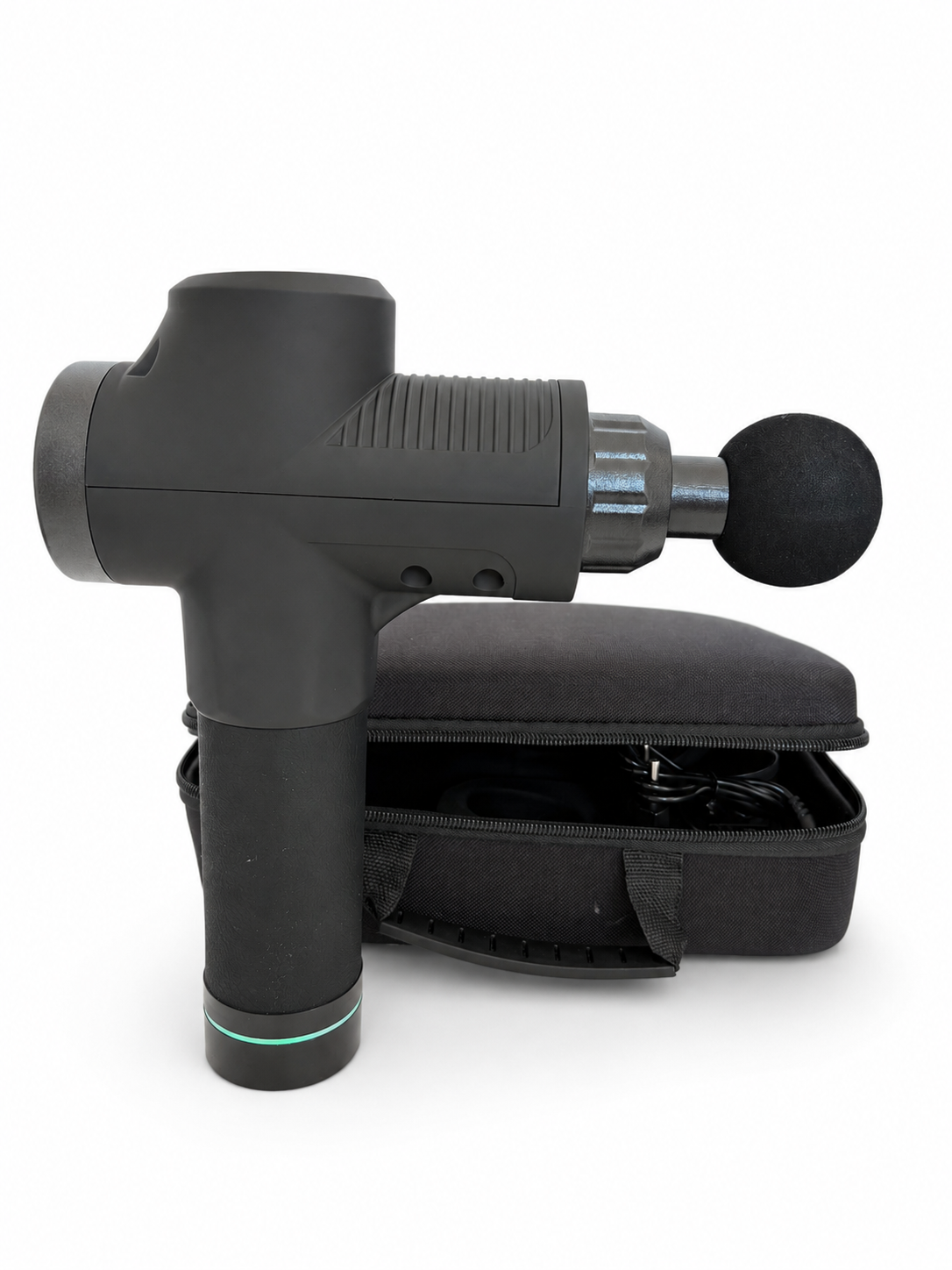Pistolet de massage SwissTouch Elite vu de profil avec la tête ronde en mousse installée