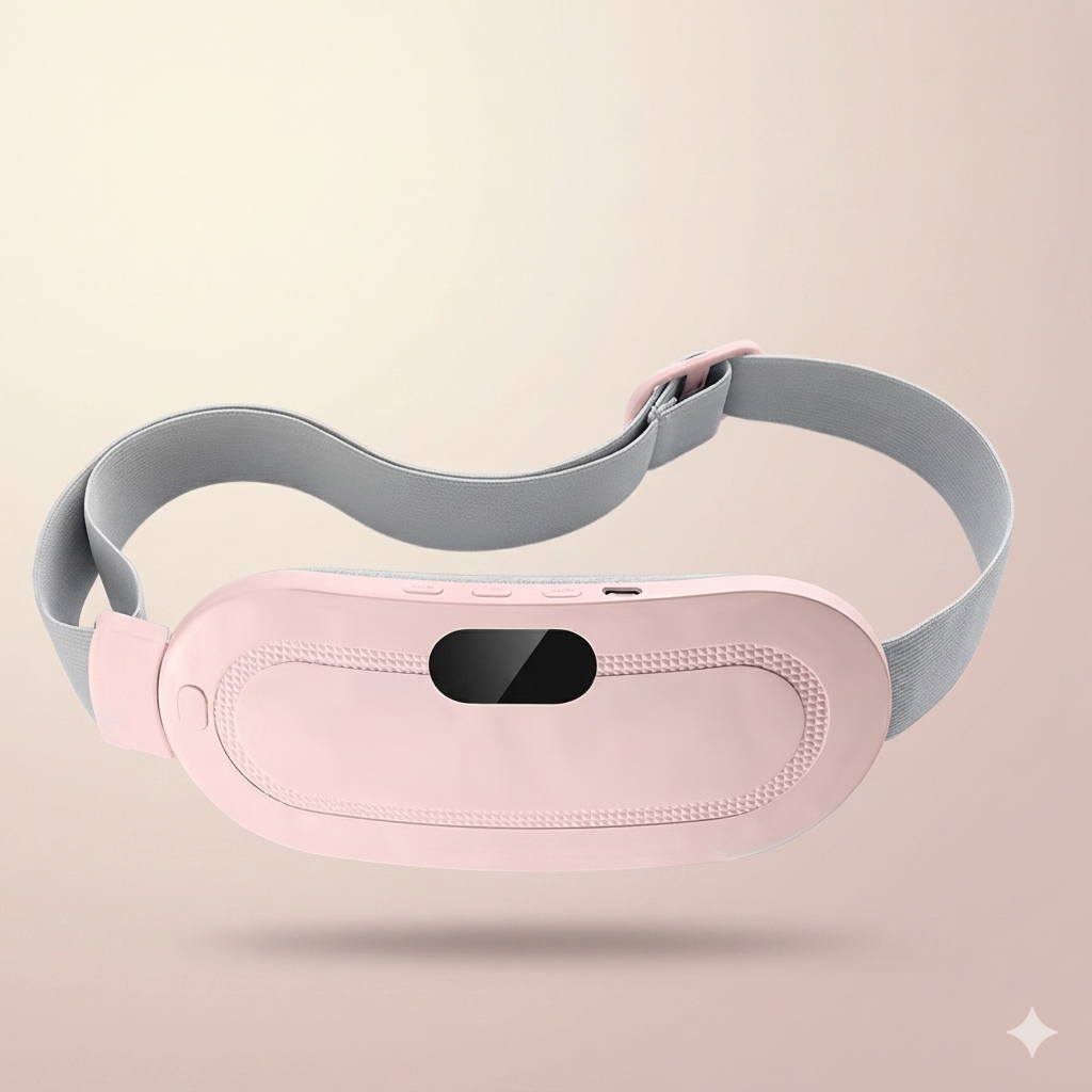 Ceinture chauffante menstruelle SwissTouch coloris rose, vue de trois quarts avec sa sangle élastique grise