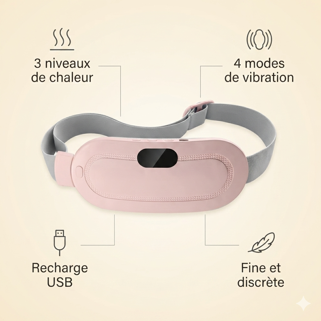 Ceinture chauffante SwissTouch et ses quatre caractéristiques, trois niveaux de chaleur, quatre modes de vibration, recharge USB et format discret