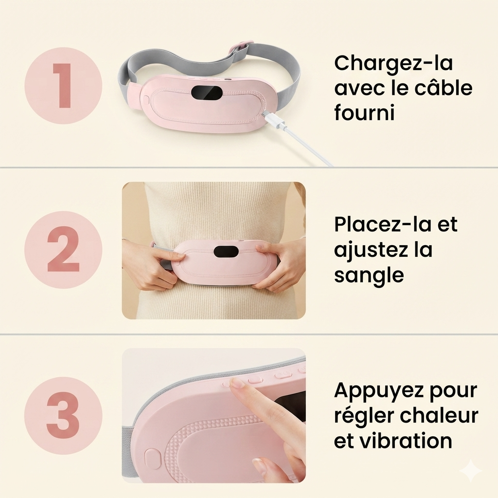 Les trois étapes d'utilisation de la ceinture chauffante, charger, placer et ajuster la sangle, régler chaleur et vibration