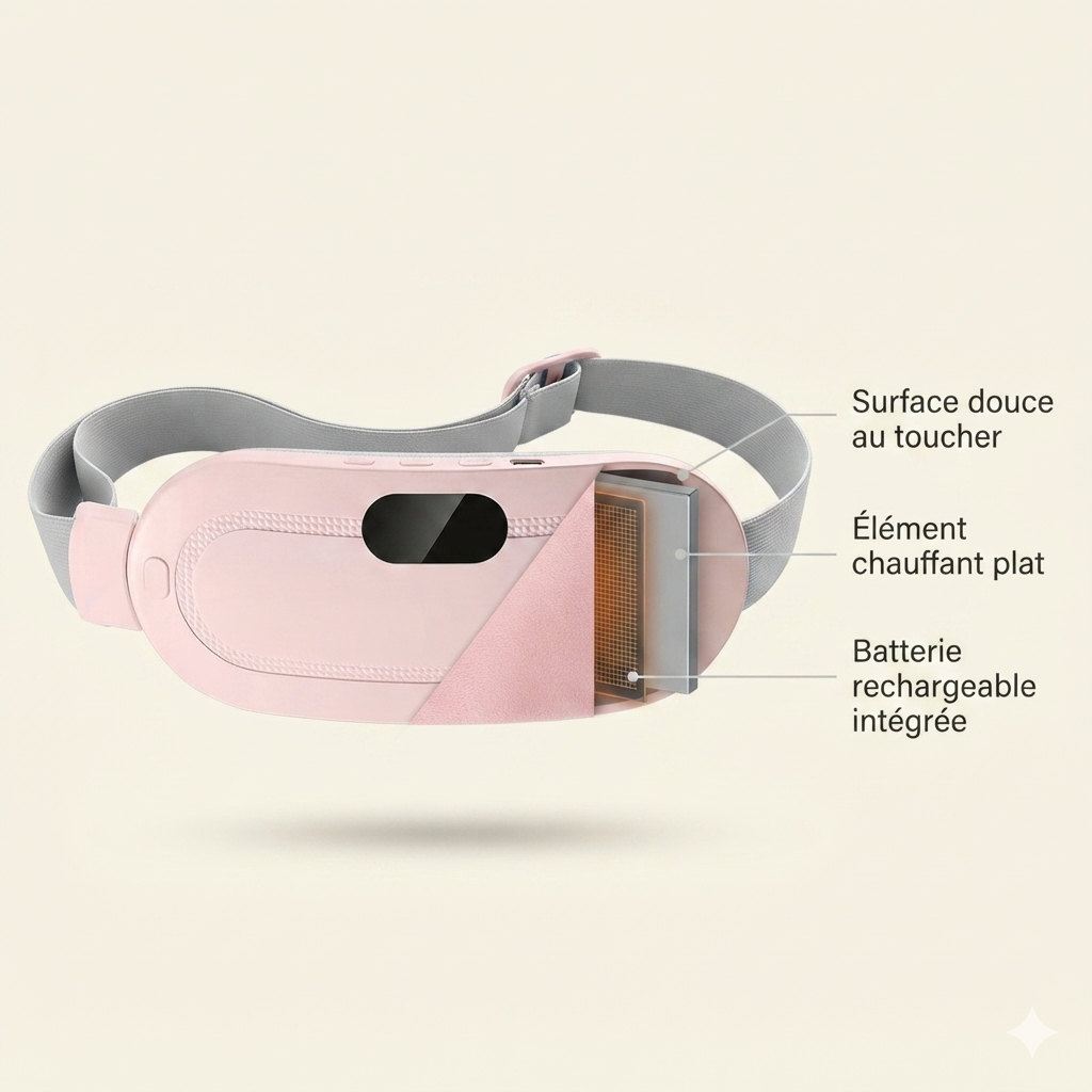 Vue en coupe de la ceinture chauffante SwissTouch montrant sa surface douce, son élément chauffant plat et sa batterie rechargeable