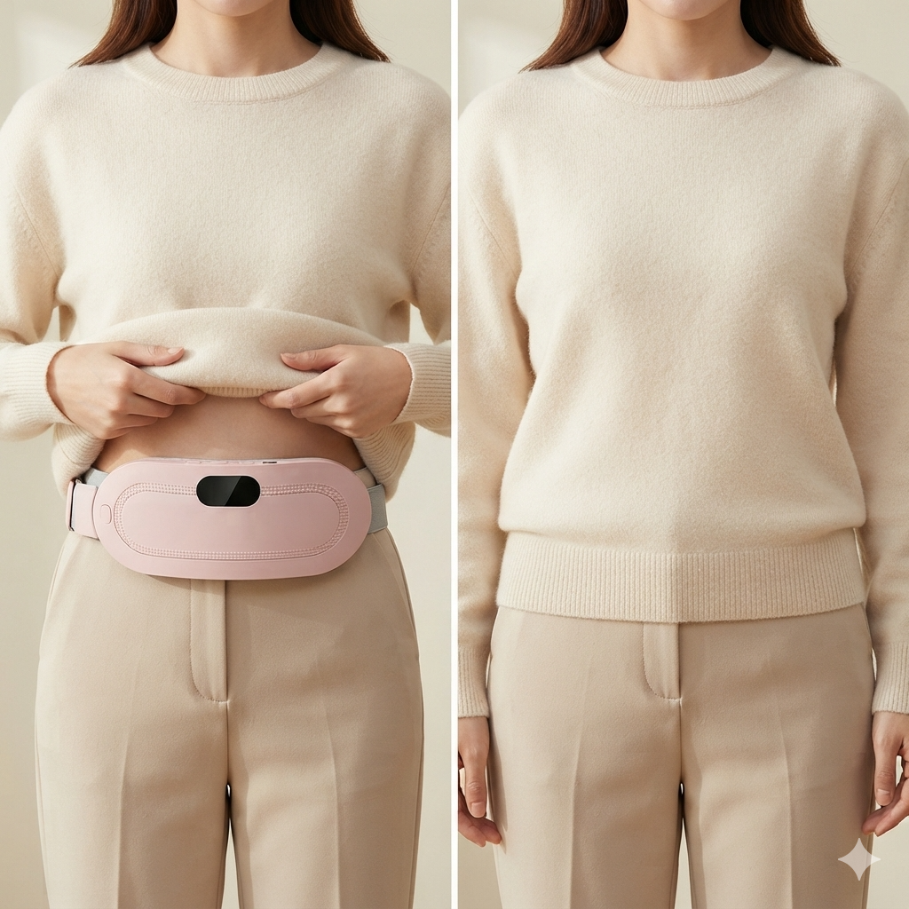 Comparaison montrant la ceinture chauffante portée à la taille, puis entièrement dissimulée sous un pull