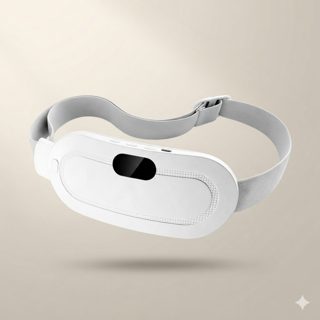 Ceinture chauffante menstruelle SwissTouch coloris blanc, vue de trois quarts avec sa sangle élastique grise